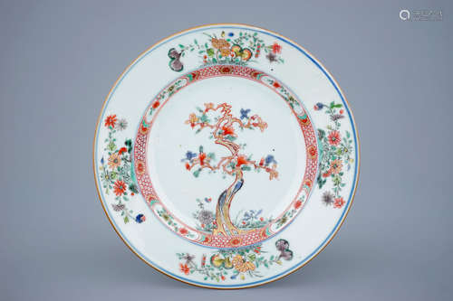 A Chinese verte-Imari plate with a tree, Kangxi