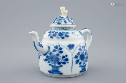 A blue and white Chinese lotus shape moulded teapot and cover, Kangxi