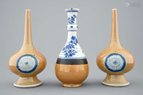 A set of three Chinese vases with blue, white and café au lait design, Kangxi