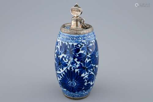 A blue and white barrel shaped Chinese silver mounted gin flask, Kangxi