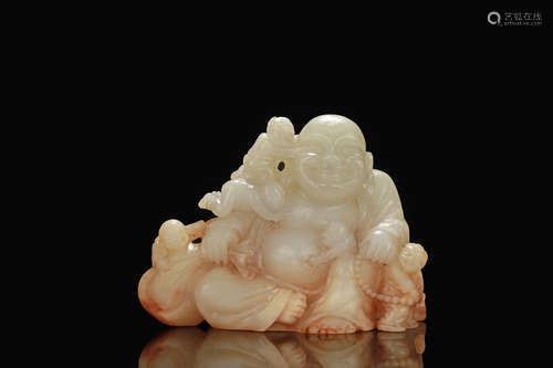 JADE CARVED MAITREYA BUDDHA AND FIVE KIDS FIGURAL GROUP