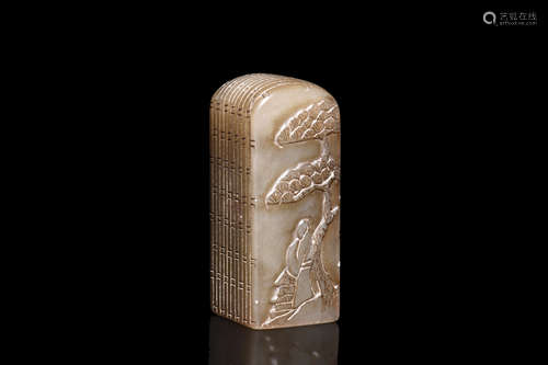 SHOUSHAN SOAPSTONE CARVED 'PORTRAIT AND CALLIGRAPHY' SEAL