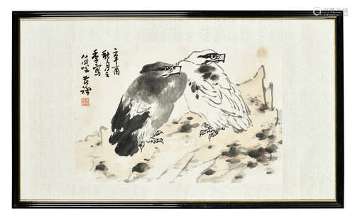 LI KUCHAN: FRAMED INK AND COLOR ON PAPER PAINTING 'EAGLES'