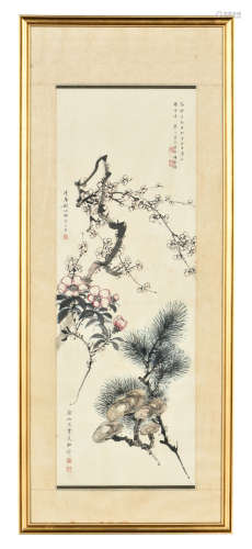 WU XIZENG, HU PEIHENG, QIGONG: FRAMED INK AND COLOR ON PAPER PAINTING 'FLOWERS'