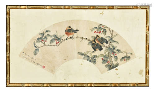 ZHAO ENXI: FRAMED INK AND COLOR ON FAN LEAF PAINTING 'BIRDS'