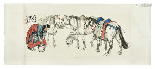 SHI GUOLIANG: INK AND COLOR ON PAPER PAINTING 'HORSES'