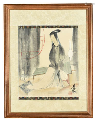 LIN FENGMIAN: FRAMED INK AND COLOR ON PAPER PAINTING 'LADY'