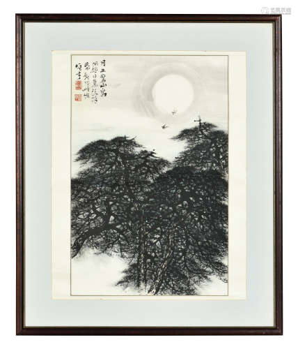 LI XIONGCAI: FRAMED INK ON PAPER PAINTING 'PINE TREES'