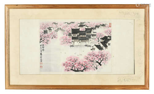 SONG WENZHI: FRAMED INK AND COLOR ON PAPER PAINTING 'JIANGNAN SPRING'