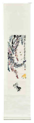 QI LIANGCHI: INK AND COLOR ON PAPER PAINTING 'GRAPES AND CHICKS'