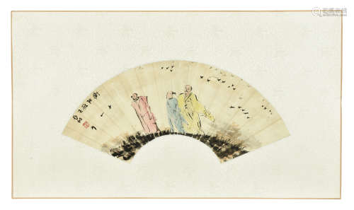 YA MING: INK AND COLOR ON FAN LEAF PAINTING 'SCHOLARS'