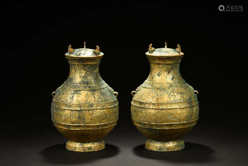 PAIR OF BRONZE CAST JARS WITH LID AND HANDLES