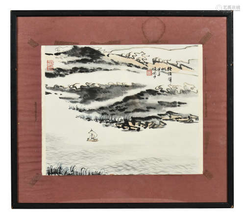 LU YANSHAO: FRAMED INK AND COLOR ON PAPER PAINTING 'RIVER'