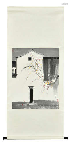 WU GUANZONG: INK AND COLOR ON PAPER PAINTING 'JIANGNAN BUILDING'