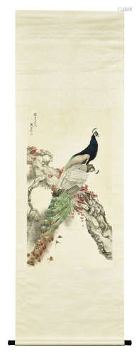 LIU KUILING: INK AND COLOR ON PAPER PAINTING 'PEACOCK'