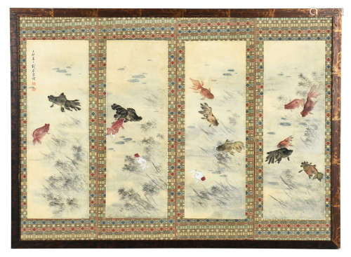 LIU KUILING: FRAMED INK AND COLOR ON SILK PAINTING 'GOLDFISH'