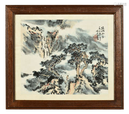 LU YANSHAO: FRAMED INK AND COLOR ON PAPER PAINTING 'MOUNTAIN'