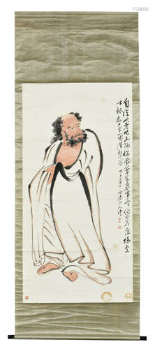 WANG ZHEN: INK AND COLOR ON PAPER PAINTING 'BODHIDHARMA'