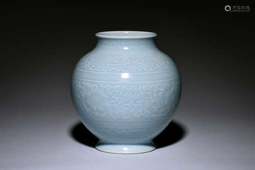 SKY BLUE GLAZED AND CARVED FLOWERS JAR