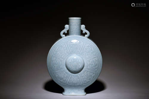 LIGHT BLUE GLAZED 'EIGHT TREASURES' FLASK VASE