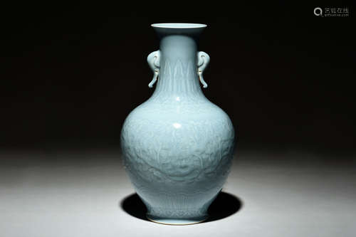 TEAL GLAZED 'DRAGONS' VASE WITH HANDLES