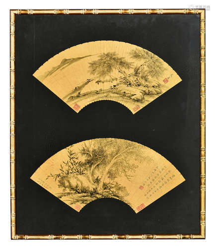 WEN JIA: FRAMED INK ON GOLDEN FAN LEAF PAINTING