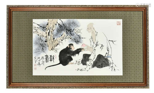 FAN ZENG: FRAMED INK AND COLOR ON PAPER PAINTING 'LONGEVITY'