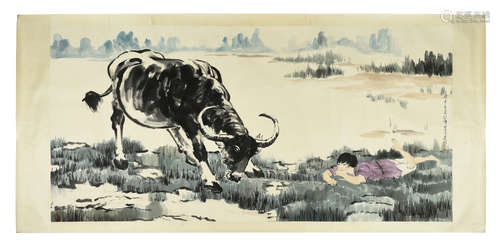 XU BEIHONG: INK AND COLOR ON PAPER PAINTING 'WATER BUFFALO'