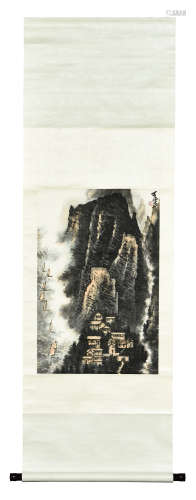 LI KERAN: INK AND COLOR ON PAPER PAINTING 'MOUNTAINS AND RIVER'