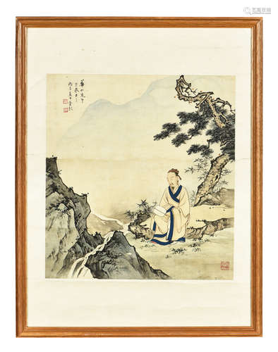 CHEN SHAOMEI: FRAMED INK AND COLOR ON SILK PAINTING 'SCHOLAR'