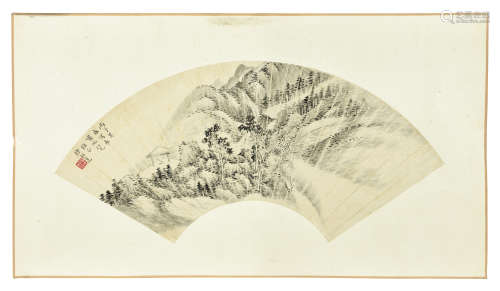 XU BANGDA: INK ON PAPER FAN LEAF PAINTING 'MOUNTAINS'