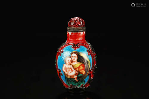 FAMILLE ROSE GLASS OVERLAY 'WESTERNERS' SNUFF BOTTLE