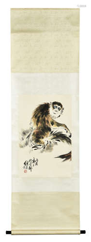 LIU JIYOU: INK AND COLOR ON PAPER 'MONKEY' PAINTING