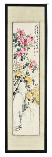 CHEN BANDING: FRAMED INK AND COLOR ON PAPER PAINTING 'FLOWERS'