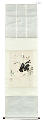 LIU JILU: INK AND COLOR ON PAPER PAINTING 'RABBITS'