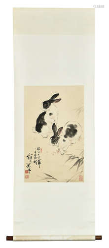 LIU JIYOU: INK AND COLOR ON PAPER PAINTING 'RABBITS'