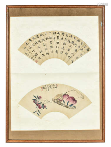 CHEN BANDING & ZHU CHUNNIAN: FRAMED INK AND COLOR ON FAN LEAF PAINTING