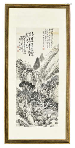 YAO HUA: FRAMED INK ON PAPER PAINTING 'MOUNTAINS'