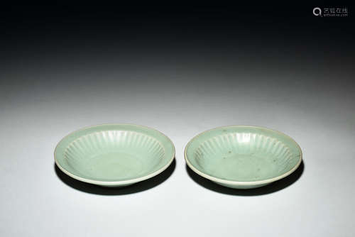 TWO CELADON GLAZED FLORIFORM DISHES