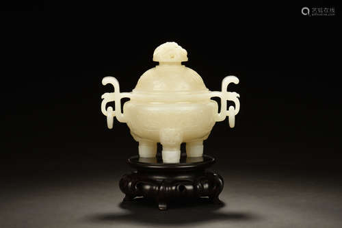 JADE CARVED 'DRAGON' TRIPOD CENSER WITH STAND