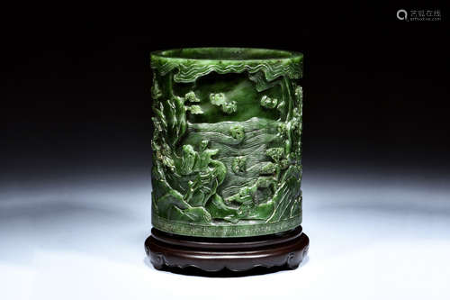 NEPHRITE JADE CARVED BRUSH POT WITH STAND