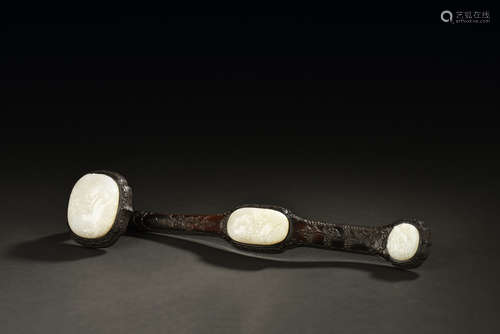 WHITE JADE INSET ZITAN WOOD CARVED RUYI SCEPTER