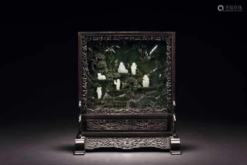 SPINACH JADE & WHITE JADE PLAQUE INSET ZITAN TABLE SCREEN