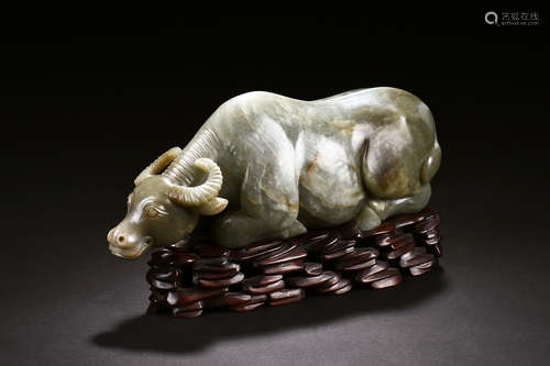 CARVED CELADON JADE WATER BUFFALO FIGURE