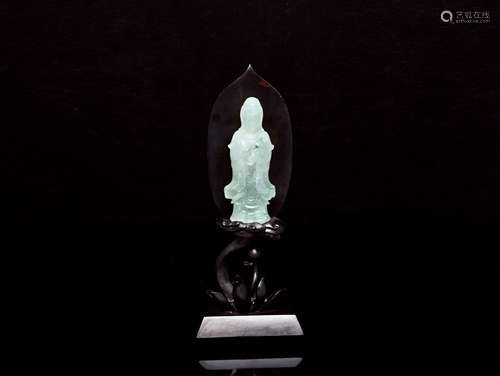 ICY JADEITE CARVED GUANYIN FIGURE WITH ZITAN WOOD STAND