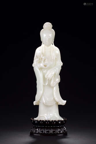 WHITE JADE CARVED GUANYIN FIGURE WITH GIA REPORT