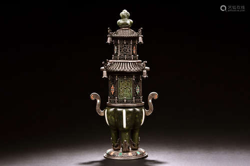 A HARDSTONE INLAID METAL-MOUNTED SPINACH-GREEN JADE CENSER AND COVER