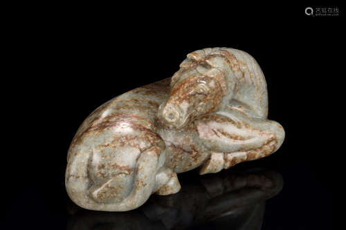 CELADON JADE CARVED RECUMBENT HORSE