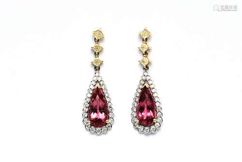 PAIR OF 18K DIAMOND EARRINGS WITH PINK TOURMALINE