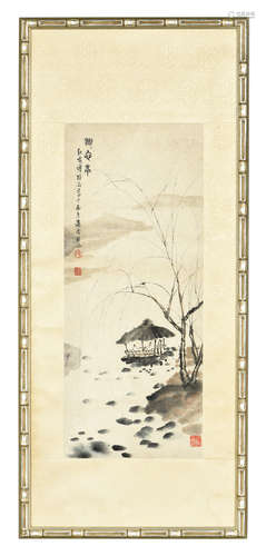 FU BAOSHI: FRAMED INK ON PAPER PAINTING 'LAKE CENTER PAVILION'